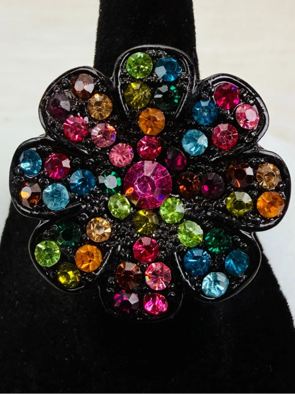 Multicolor Crystal black size 6 adjustable stretch Flower Statement Ring
